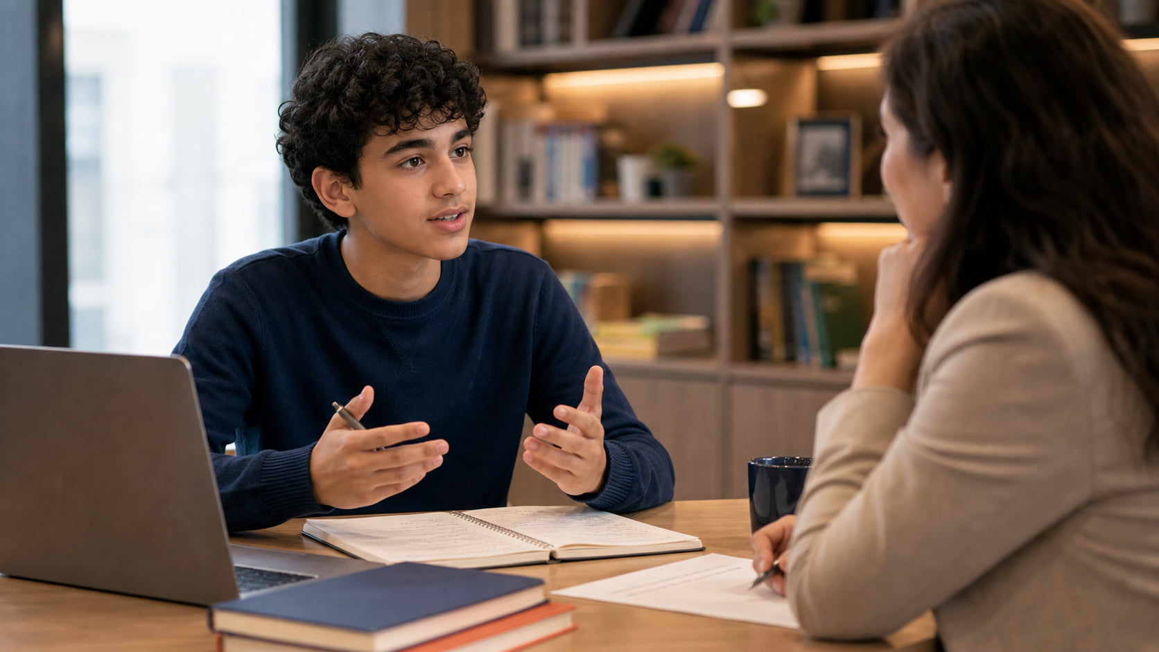 Middle Eastern teenager practicing an English interview with a coach