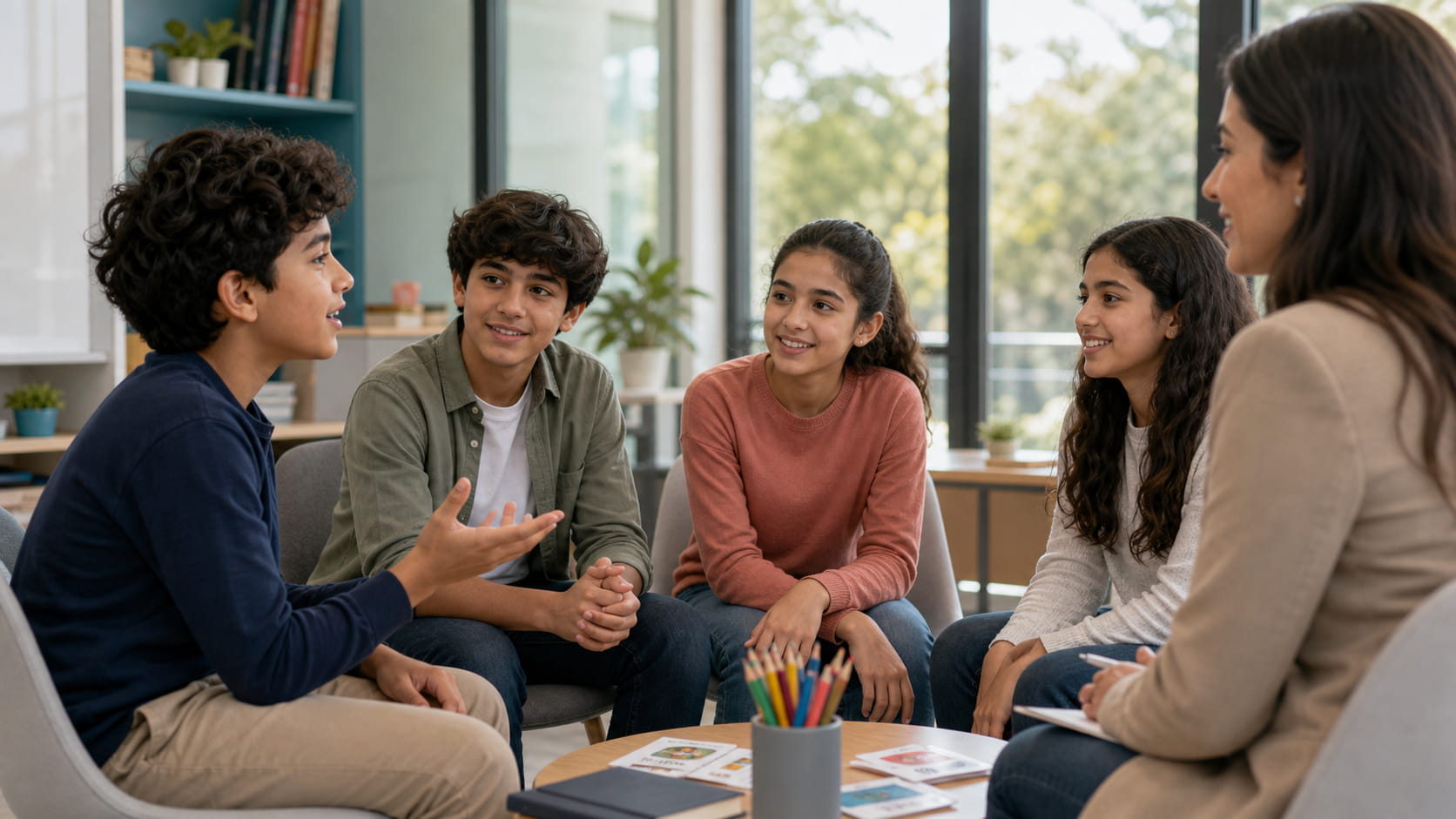 Middle Eastern kids practicing English together in a small group session