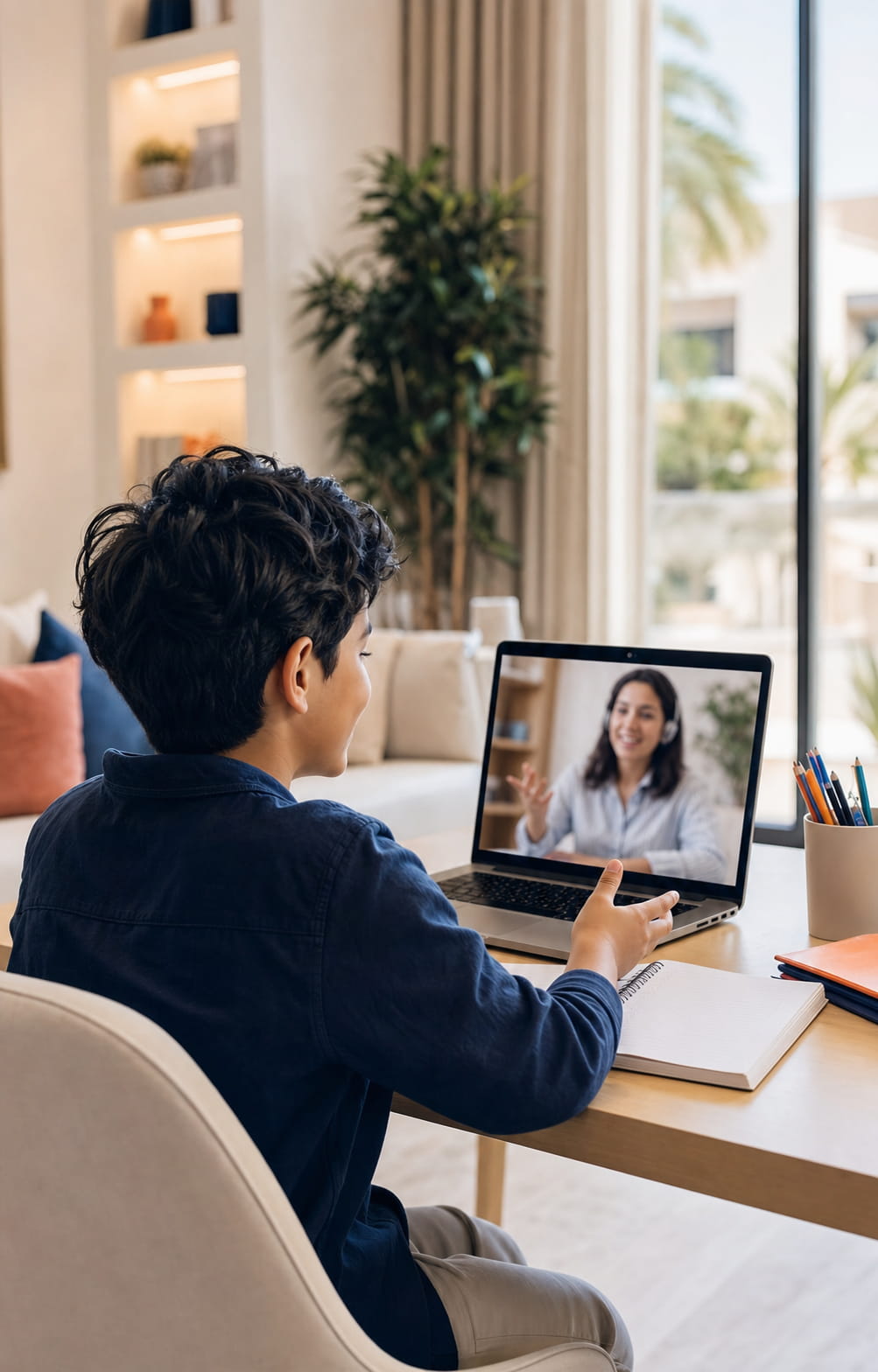 Middle Eastern child in a live online English coaching session