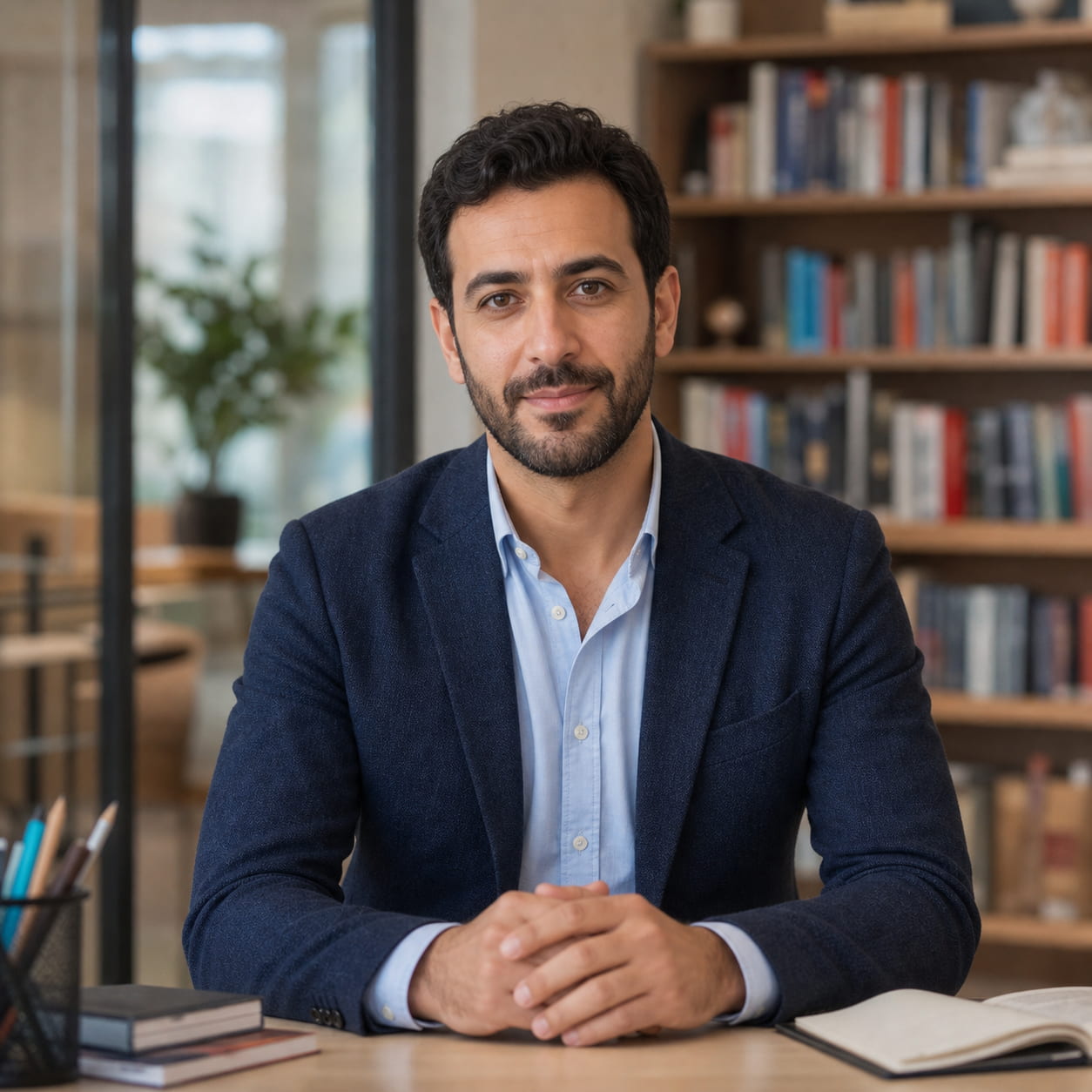 Middle Eastern male teen English coach in a premium library portrait