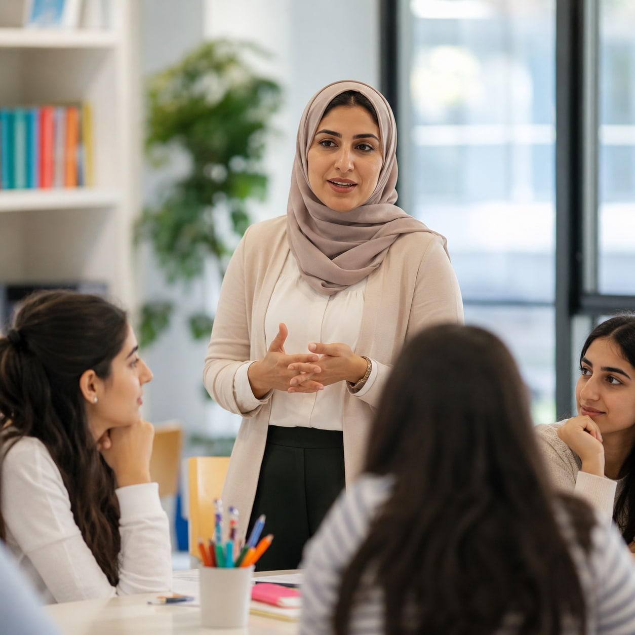Middle Eastern female group-session English coach in a premium classroom portrait