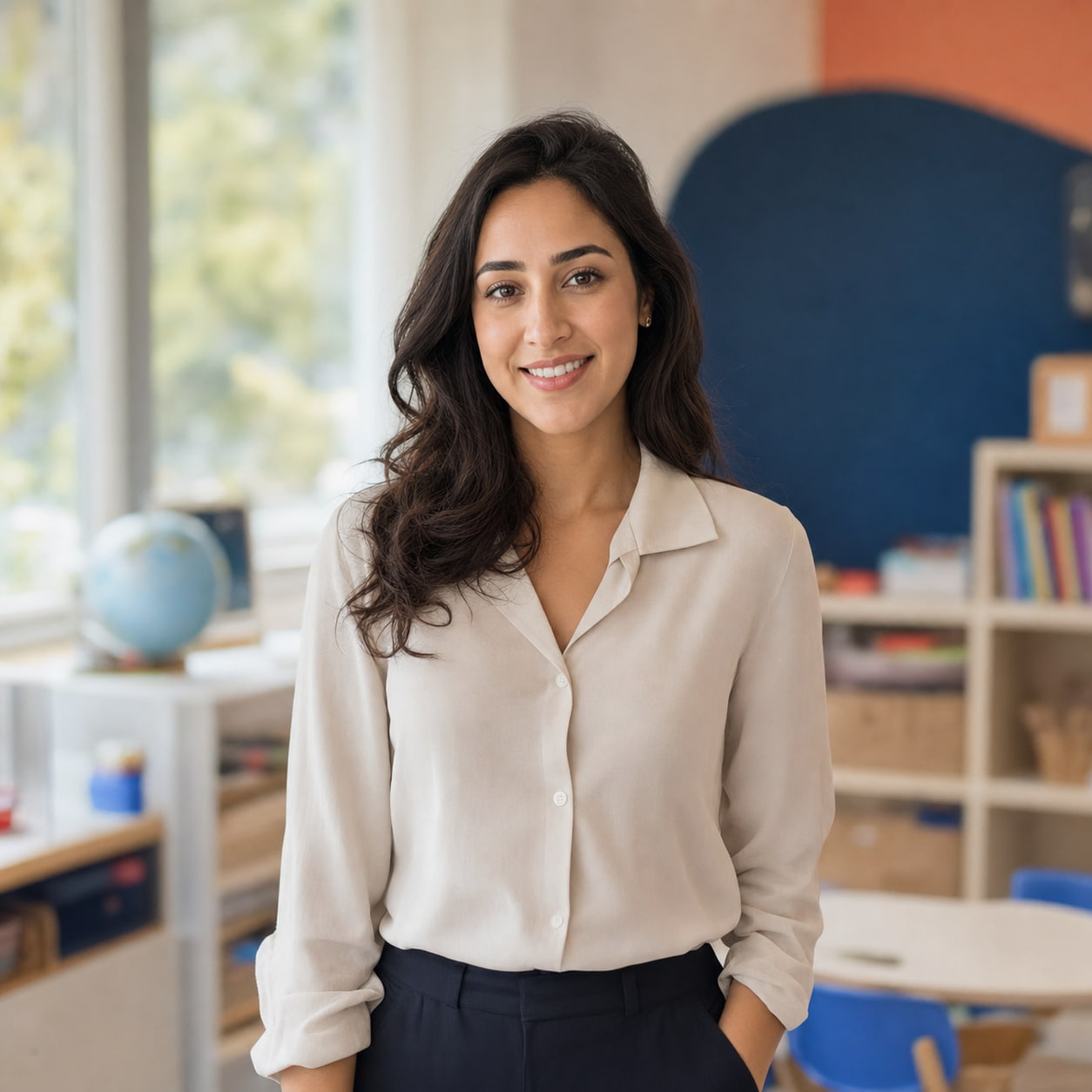 Middle Eastern female kids English coach in a premium classroom portrait
