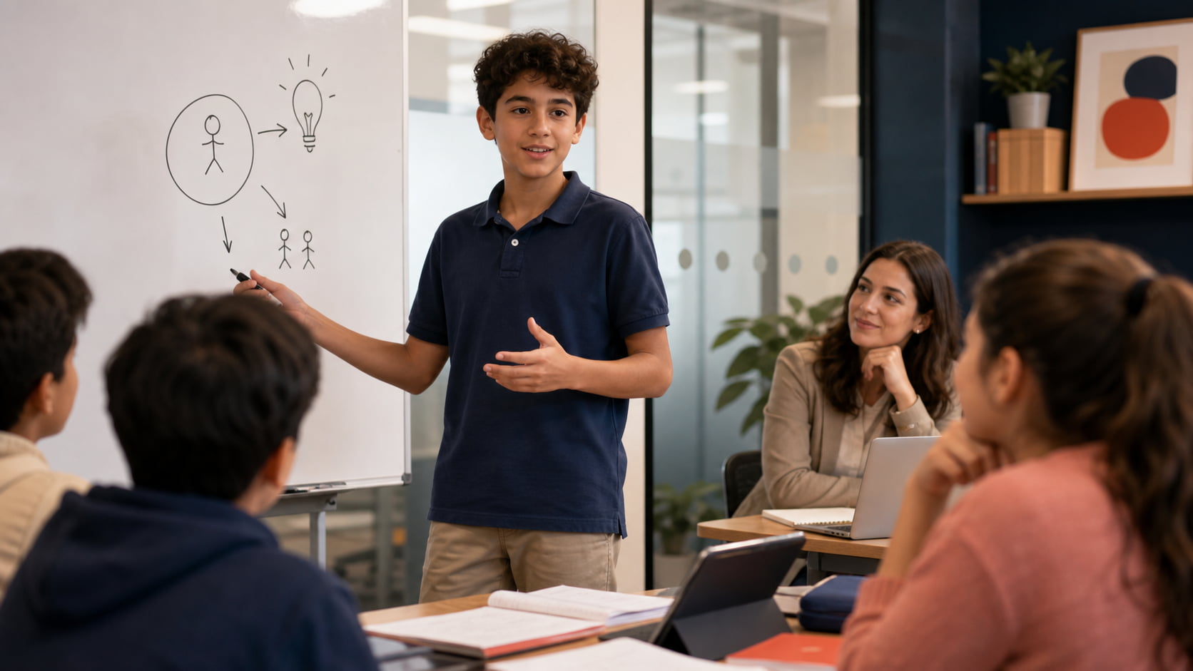 Middle Eastern pre-teen student presenting in a modern classroom