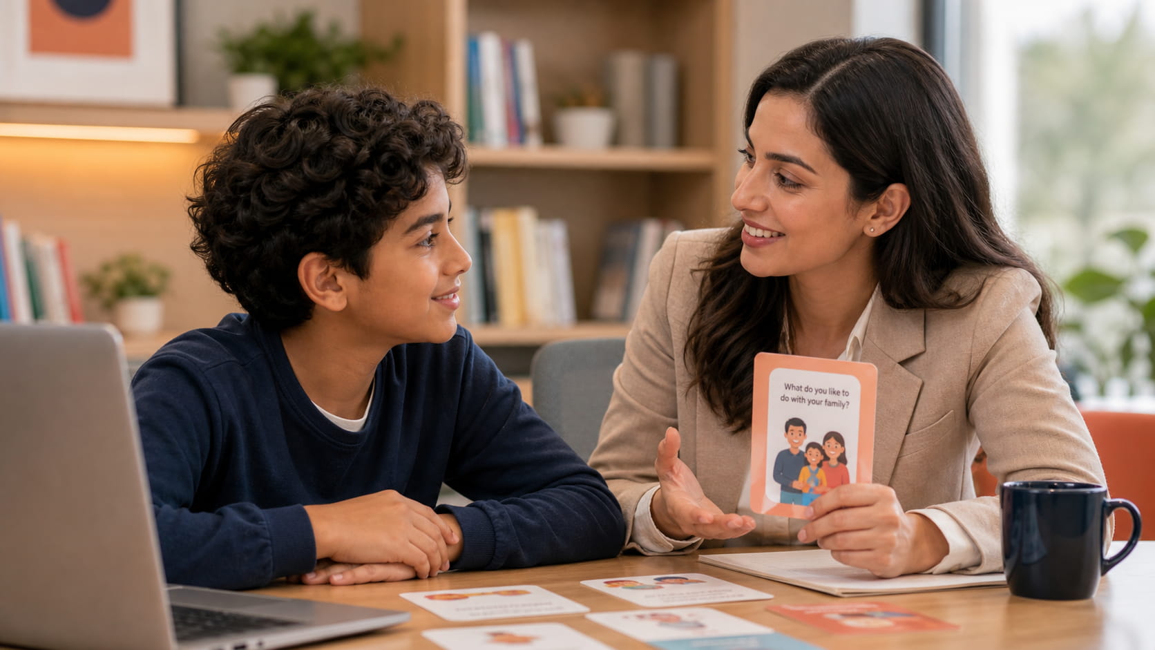 Kids English coach encouraging a Middle Eastern child during a speaking activity
