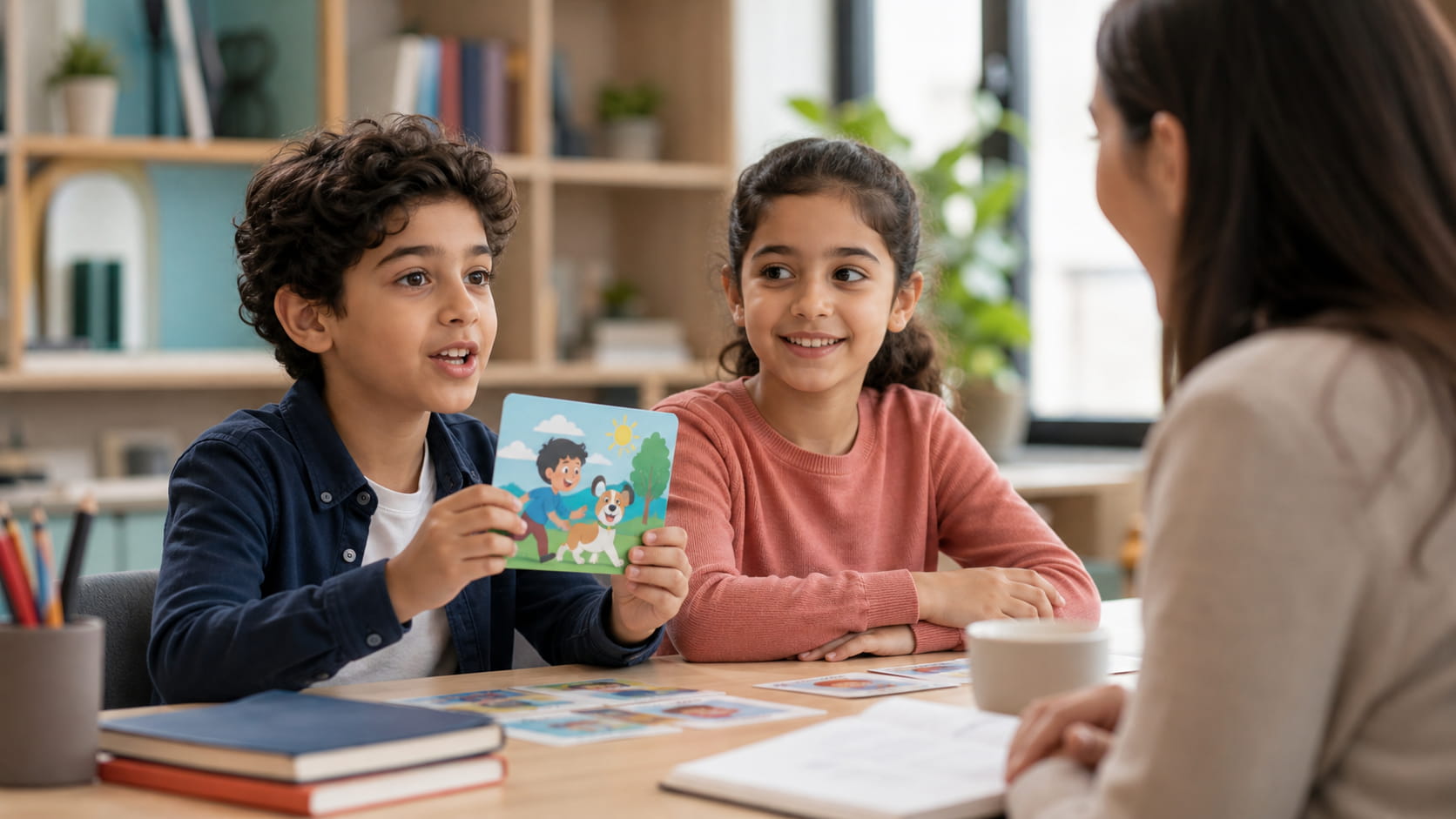 Young Middle Eastern children practicing English through a story activity